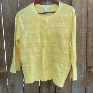 CHARTER CLUB Women’s Yellow Stripe Button Up Sweater 3/4 Length Sleeve Large